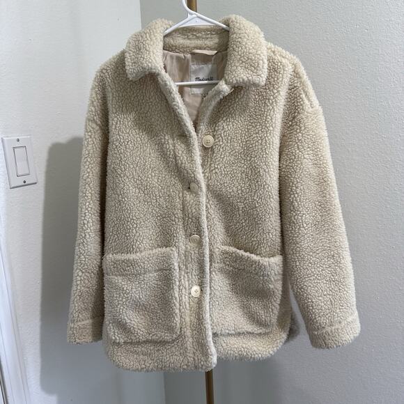 Madewell Jacket Women's S Cream Coat Sherpa Faux Fur Mid Length Cozy Button Up - Picture 1 of 5
